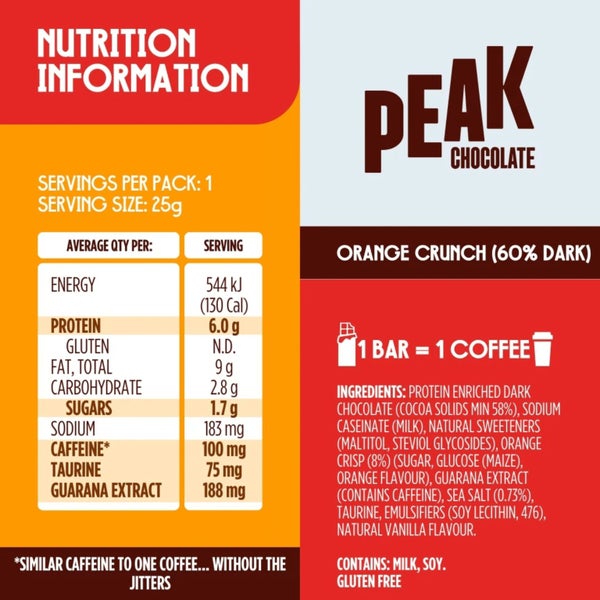 Peak Chocolate, Energy Dark Chocolate, Orange Crunch, 25g x 14 Bars Carousel 3