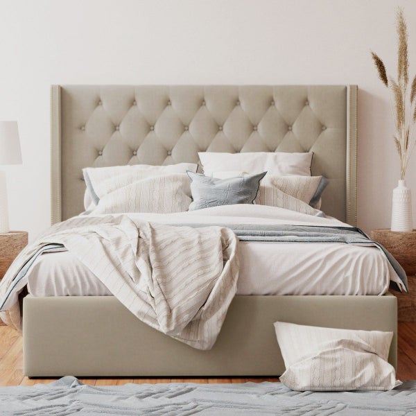 Queen Bed Gas Lift Storage Beige/Grey Velvet Carousel 1