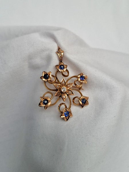 15ct Gold Antique Pendant Brooch with Sapphires and Diamonds Carousel 1