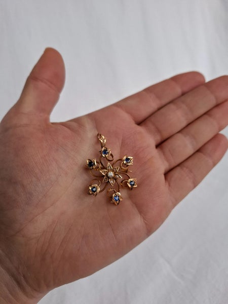 15ct Gold Antique Pendant Brooch with Sapphires and Diamonds Carousel 2