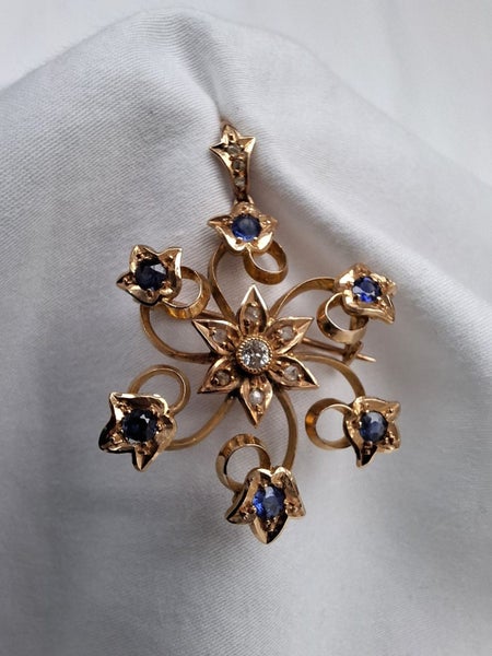 15ct Gold Antique Pendant Brooch with Sapphires and Diamonds Carousel 12