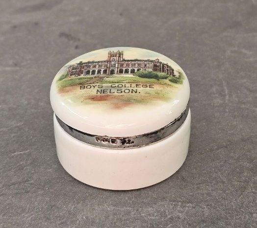 Antique Porcelain Trinket Box with Hallmarked Silver Cuff. Boys College Nelson. Carousel 1