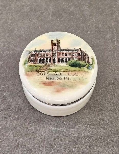 Antique Porcelain Trinket Box with Hallmarked Silver Cuff. Boys College Nelson. Carousel 2