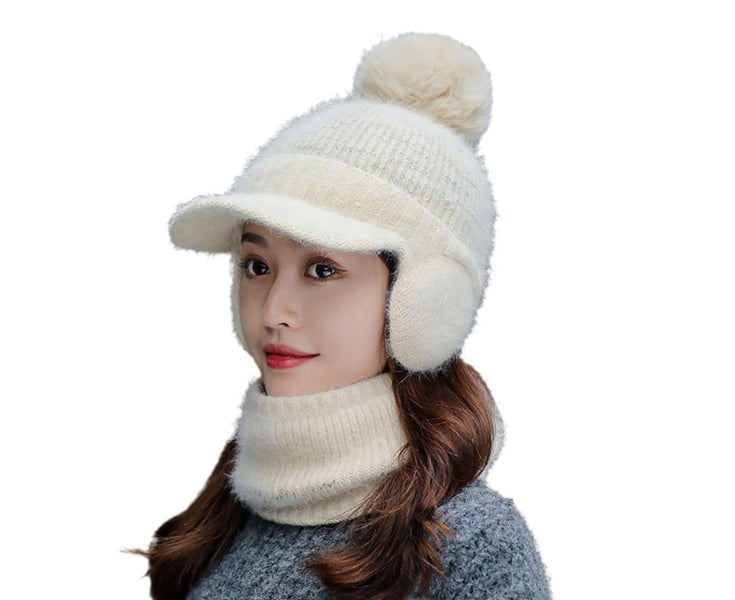 1 Set Women Hat Neck Warmer Peaked Faux Rabbit Fur Pompom Earflaps Ear Protec Carousel 1