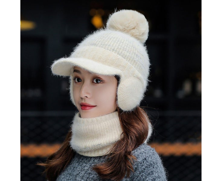 1 Set Women Hat Neck Warmer Peaked Faux Rabbit Fur Pompom Earflaps Ear Protec Carousel 7
