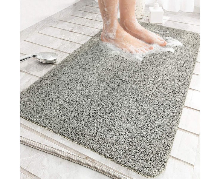Anti-Slip Shower Loofah Bathroom Bath Mat Carpet Water Drains - Grey Carousel 1