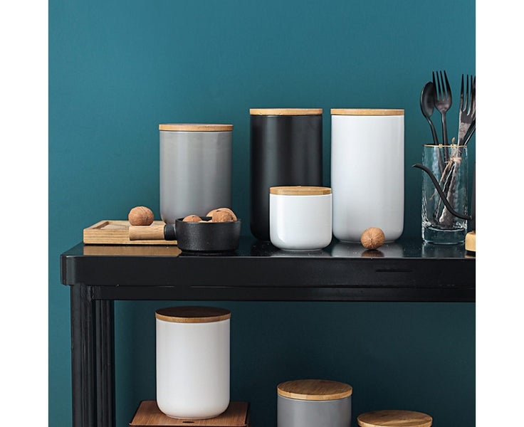 Stacked Ceramic Salt Pepper Container with Wooden Lid, Salt Box for Counterto Carousel 5
