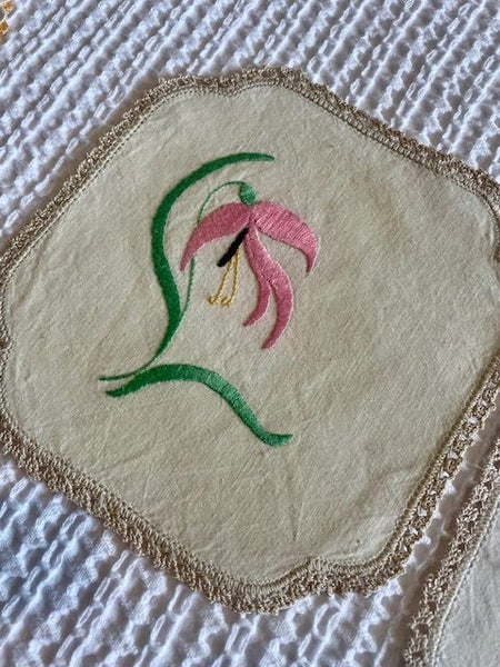 A gorgeous set of three hand embroidered vintage Linen DRESSER CLOTHS Carousel 1