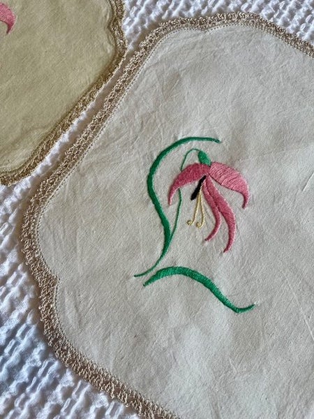 A gorgeous set of three hand embroidered vintage Linen DRESSER CLOTHS Carousel 3