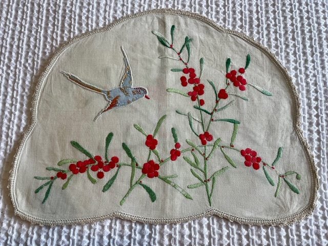 A lovely bright hand embroidered & applique Linen Cover Carousel 1