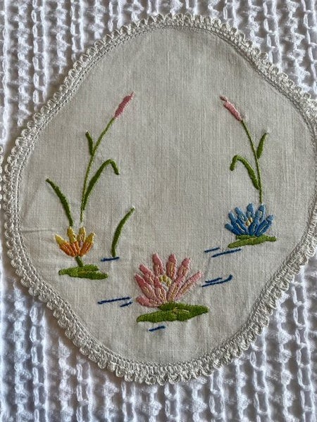 A gorgeous set of three hand embroidered vintage Linen DRESSER CLOTHS Carousel 2