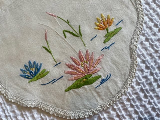 A gorgeous set of three hand embroidered vintage Linen DRESSER CLOTHS Carousel 3