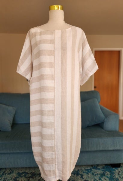 Marco Polo 12 Linen midi dress in neutral stripes Carousel 1