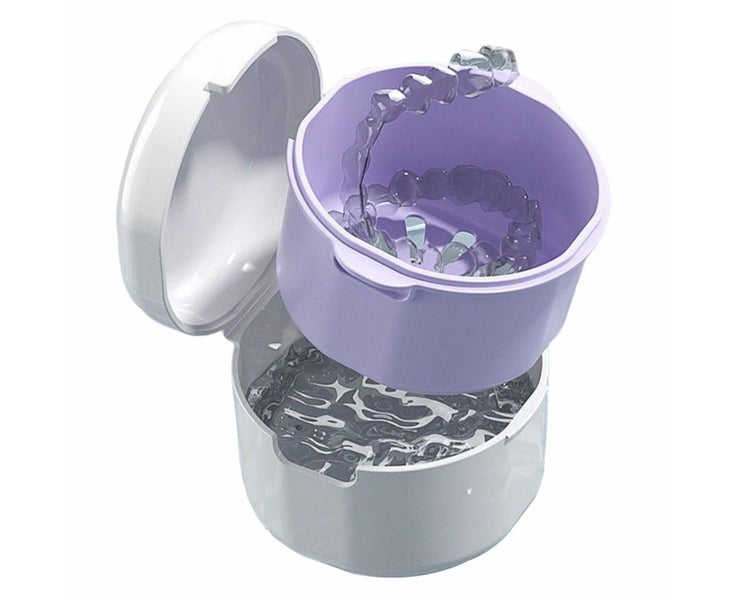 False Teeth Container Denture Bath Case Cup with Strainer Basket for Travel-W Carousel 1