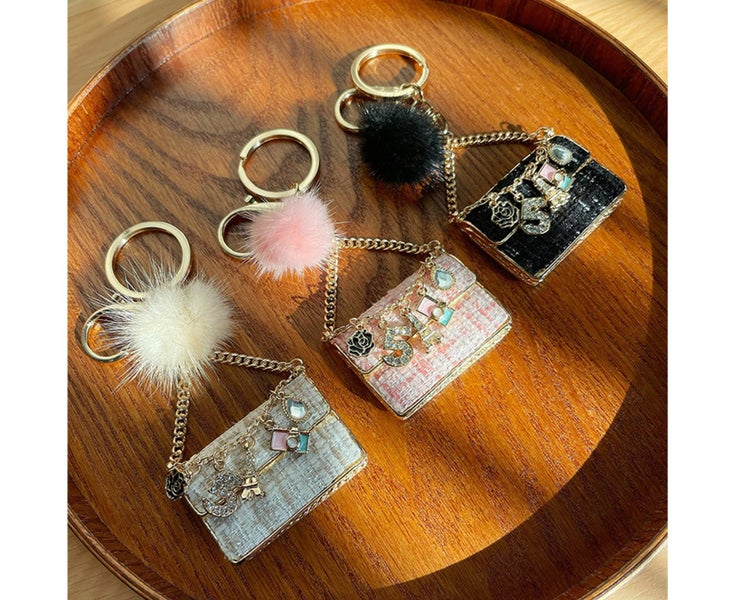 Fashion for Rhinestone Crystal Handbag Keychain Plush Mink Ball Keyring Bag P Carousel 2