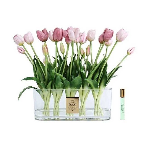 Cote Noire Tulip Arrangement w / Oval Vase & Gold Crest Mixed Pink Carousel 1