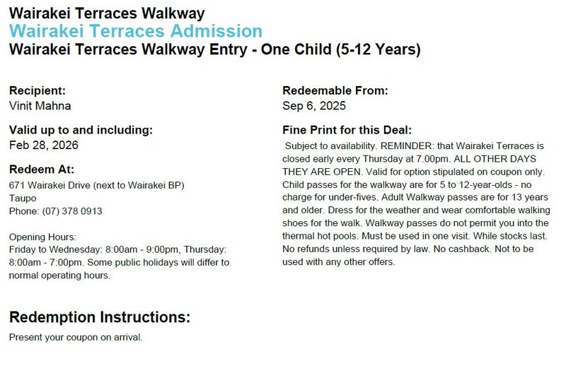 Voucher for Wairakei Terraces Walkway- Taupo-4 Adult, 1 Child-Price for all Carousel 1
