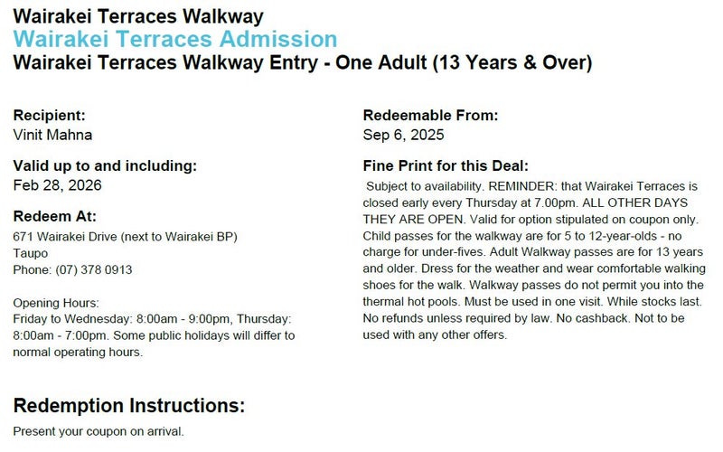 Voucher for Wairakei Terraces Walkway- Taupo-4 Adult, 1 Child-Price for all Carousel 2