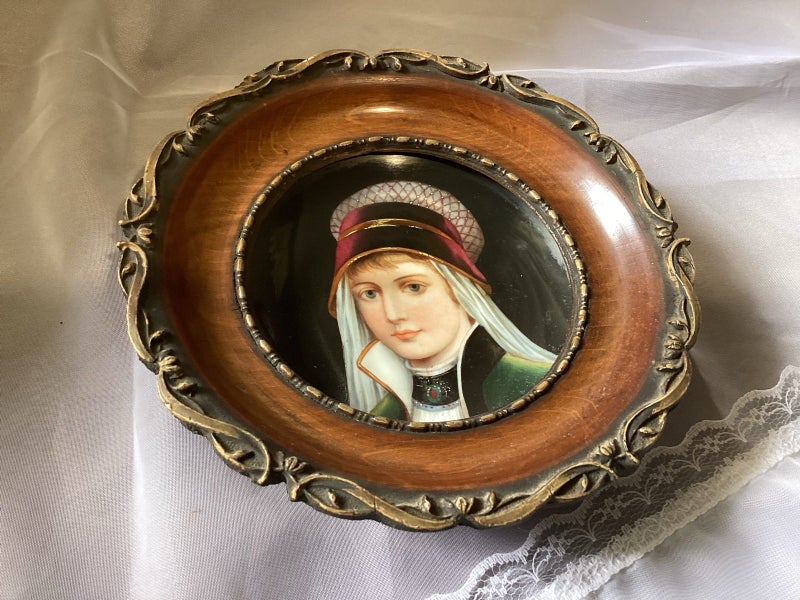 Antique Edwardian porcelain portrait in ornate wooden frame Carousel 1