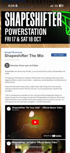 Shapeshifter - 1 x Ticket - Sat 18 October Carousel 2