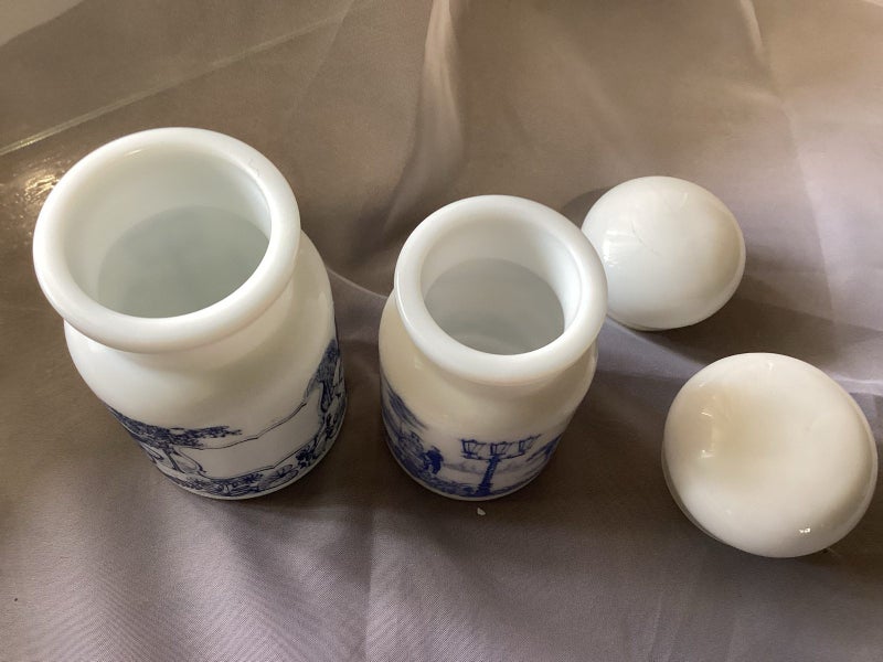 Vintage milk glass apothecary blue& white pair Belgium Carousel 7
