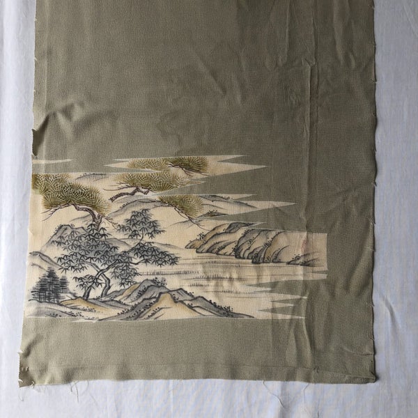 Vintage Japanese Silk Fabric Piece Decorative Green Kimono Panel Carousel 1