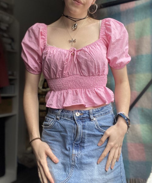 Adorable pink Pagani poofy-sleeved corset / crop top! Carousel 1