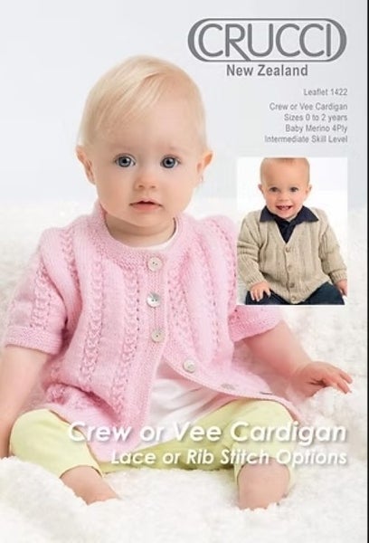 Crucci 4ply Baby Merino Crew or Vee Neck Baby Cardigan Pattern Carousel 1