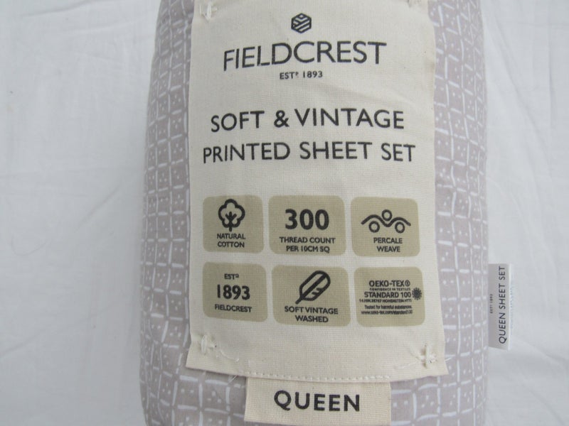 Fieldcrest Soft and Vintage printed sheet set - Queen - Sand - FoxNoble Q - New! Carousel 1
