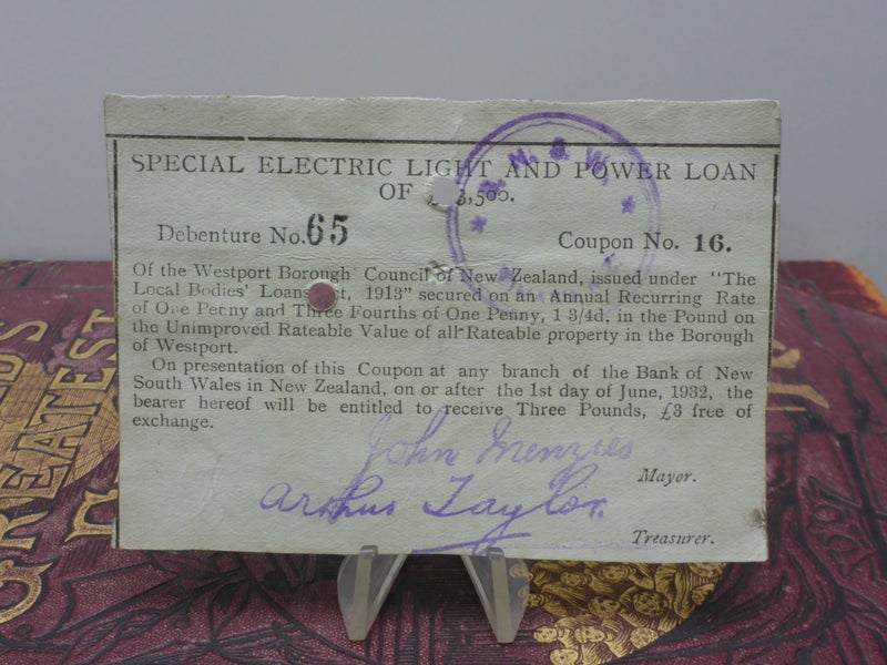1932 NZ Debenture Special Light & Power Loan Document Westport + Revenue Stamp Carousel 2