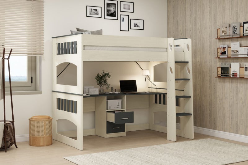 Miami King Single Loft Bunk, Large Desk - Nordic White & Dark Grey Carousel 1