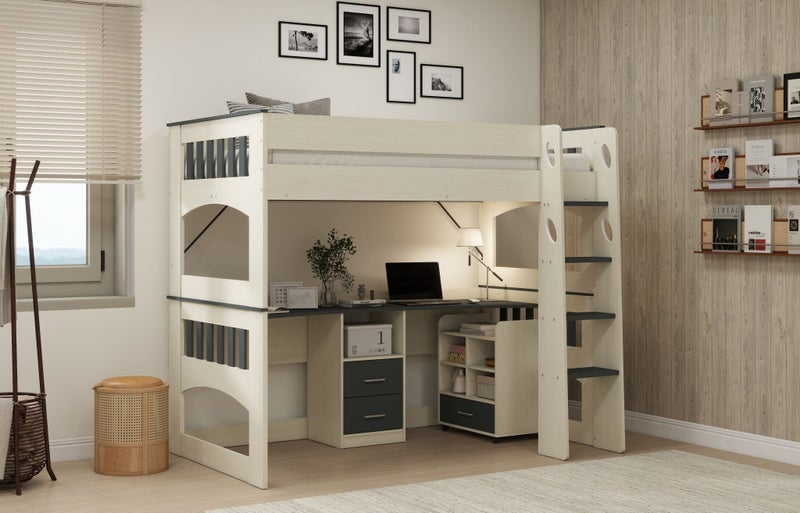 Miami King Single Loft Bunk, Large Desk + Mobile Unit - Nordic White & Dark Grey Carousel 1