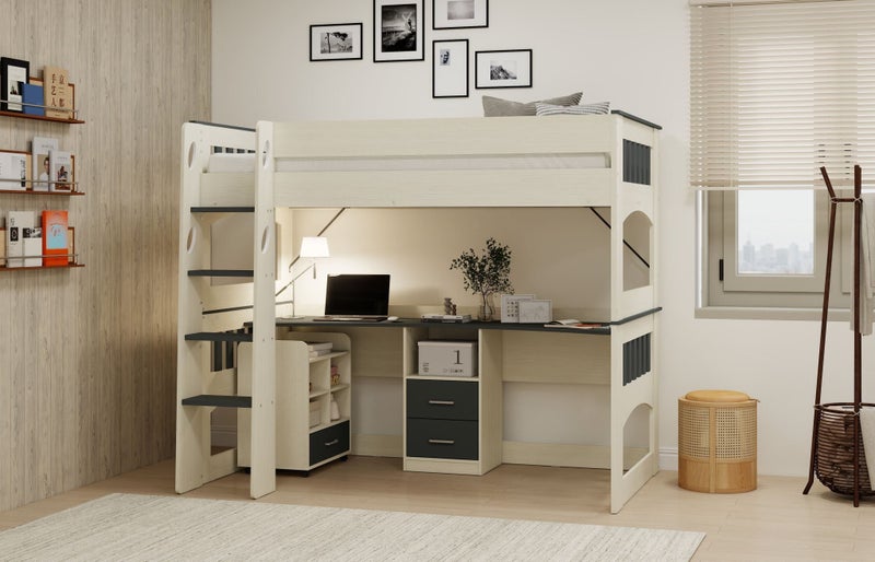 Miami King Single Loft Bunk, Large Desk + Mobile Unit - Nordic White & Dark Grey Carousel 2
