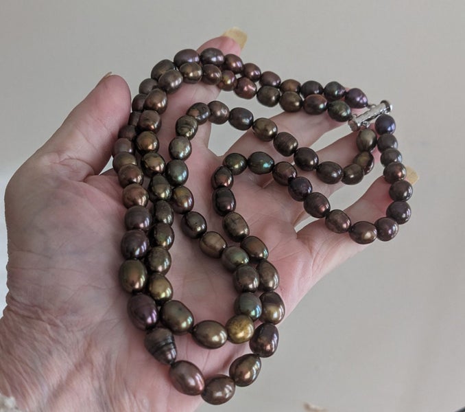 2 Strands 8 x 9mm Copper Brown Oval FW Cultured Pearl 19" Necklace Carousel 1