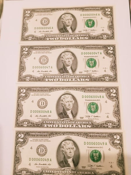 4 Consecutive Serial Number $2 Notes Two Dollar Bills uncirculated Crisp 2009 Carousel 1