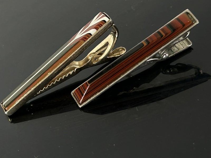 Vintage Money lapel or Tie Clips inlaid lucite laminate parquetry mid-century Carousel 2