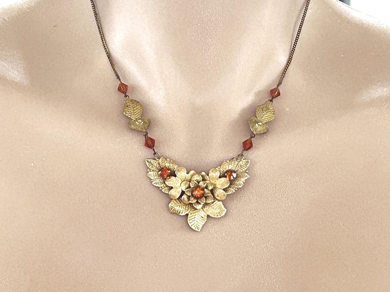 Vintage Gilded Brass filigree necklace with golden amber-toned czech crystals Carousel 1