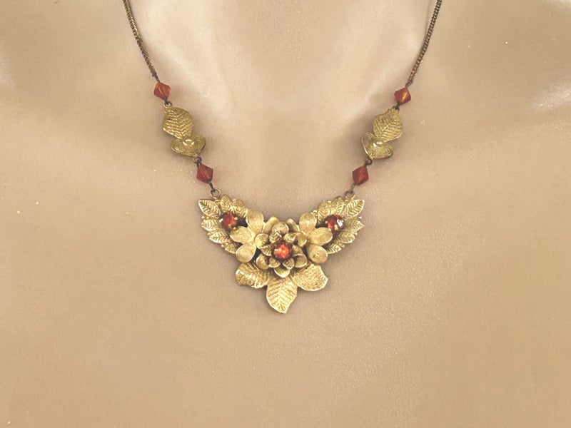 Vintage Gilded Brass filigree necklace with golden amber-toned czech crystals Carousel 2