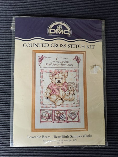 Counted Cross Stitch Kit - Lovable Bears - Bear Birth Sampler (Pink) Carousel 1