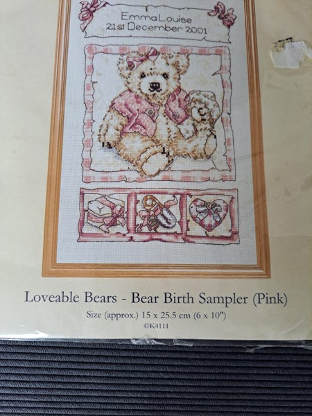 Counted Cross Stitch Kit - Lovable Bears - Bear Birth Sampler (Pink) Carousel 2