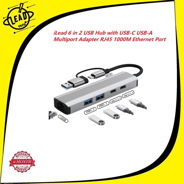 iLead 6 in 2 USB Hub with USB-C USB-A Multiport Adapter RJ45 1000M Ethernet Port Carousel 1
