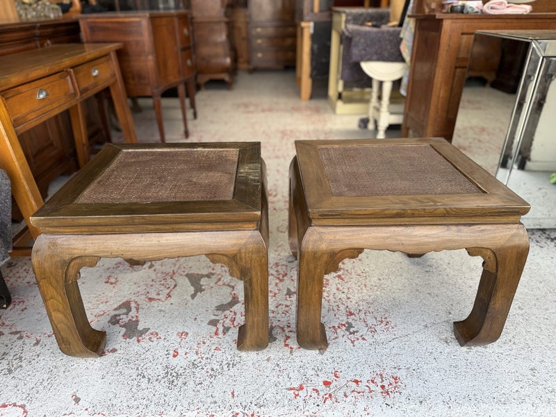 Quality PAIR Vintage Chinese Solid Elm Side Table or Bedside Tables Carousel 1