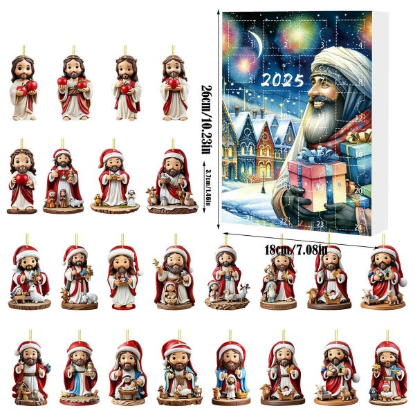 24PCS Jesus Pendant Christmas Advent Calendar 2D Acrylic 24 Countdown Pendant Carousel 2