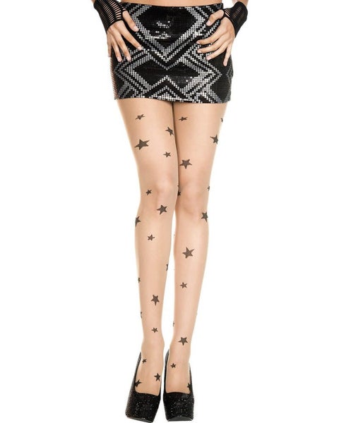 Beige and Black Sheer Spandex Star Print Pantyhose Carousel 1