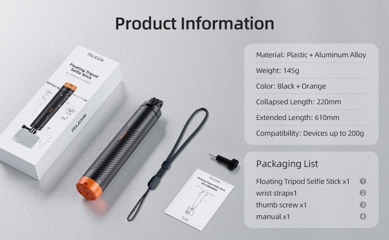 TELESIN 4 in 1 Selfie Stick Floating Hand Grip Tripod for GoPro, DJI Osmo Carousel 9