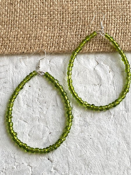 Peridot Glass Tear Hoop Beaded Earrings Carousel 1