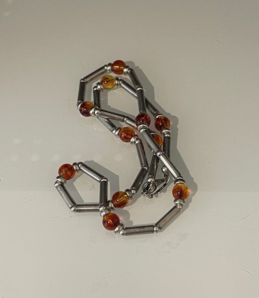 $1 reserve//Vintage Style 925 Solid Silver Tube Necklace with Floral Amber Beads Carousel 5