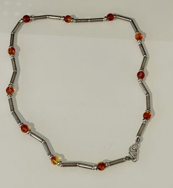 $1 reserve//Vintage Style 925 Solid Silver Tube Necklace with Floral Amber Beads Carousel 2