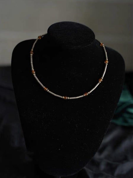 $1 reserve//Vintage Style 925 Solid Silver Tube Necklace with Floral Amber Beads Carousel 1