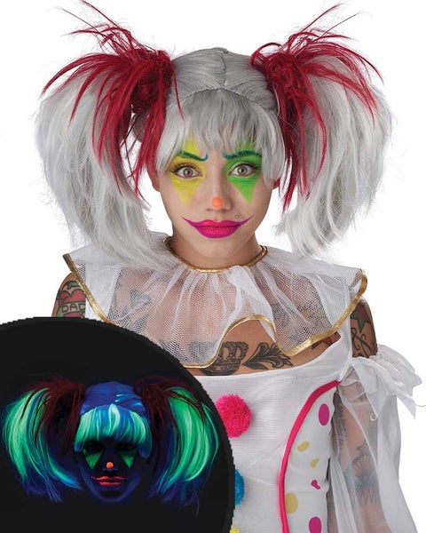 Glow in the Dark Punk Red and Grey Pigtails Wig Carousel 1